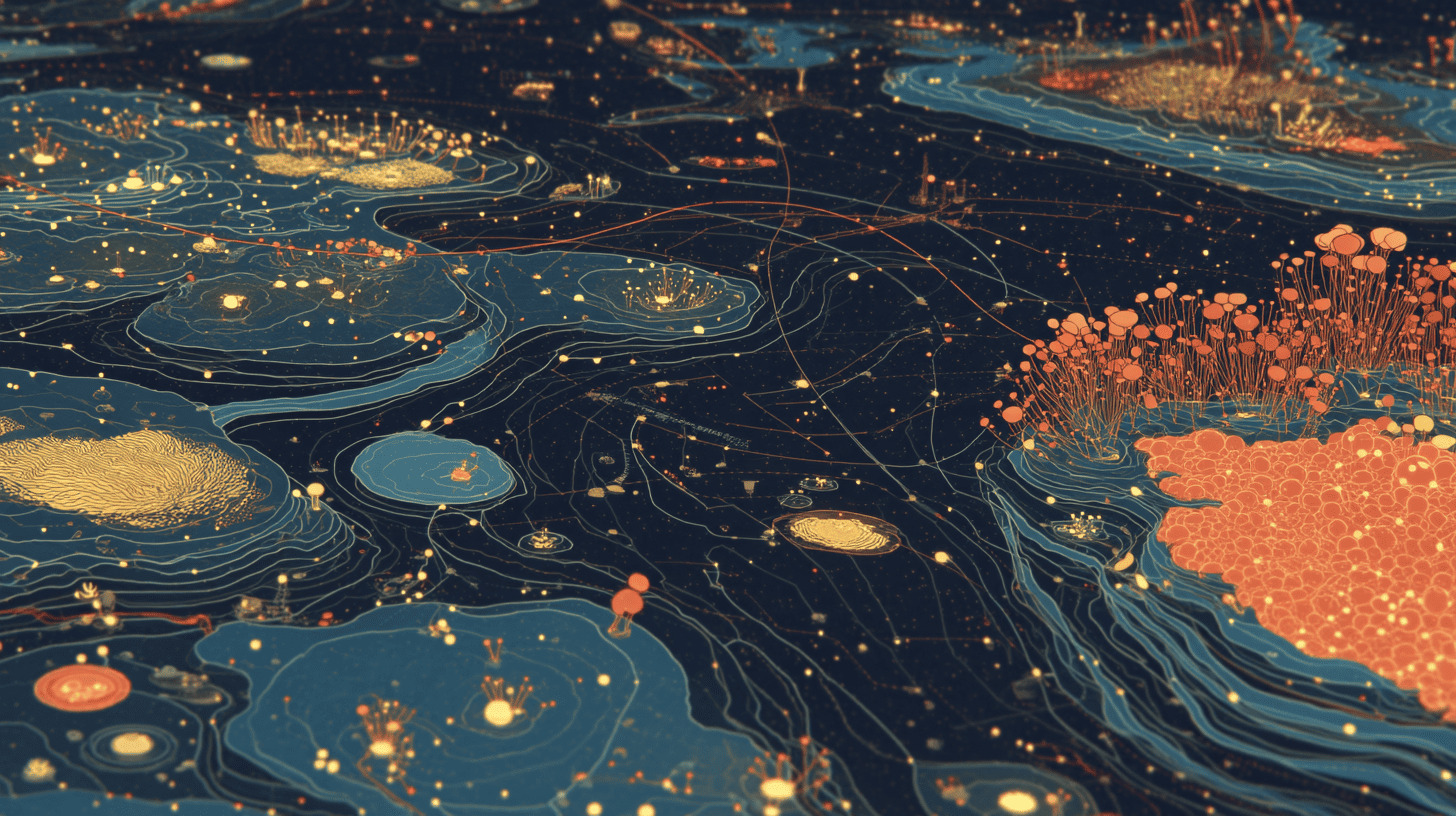 Mapeo visual de datos abstractos y líneas de conexión para comunicación del conocimiento.