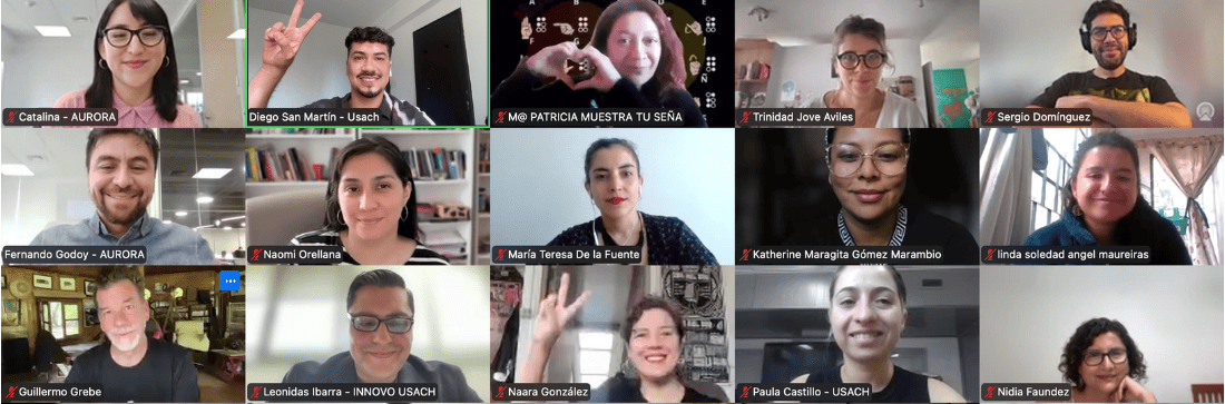 Captura de pantalla de lanzamiento online del programa Aurora, una iniciativa impulsada por la incubadora Innovo USACH en conjunto con el Ministerio de las Culturas, las Artes y el Patrimonio