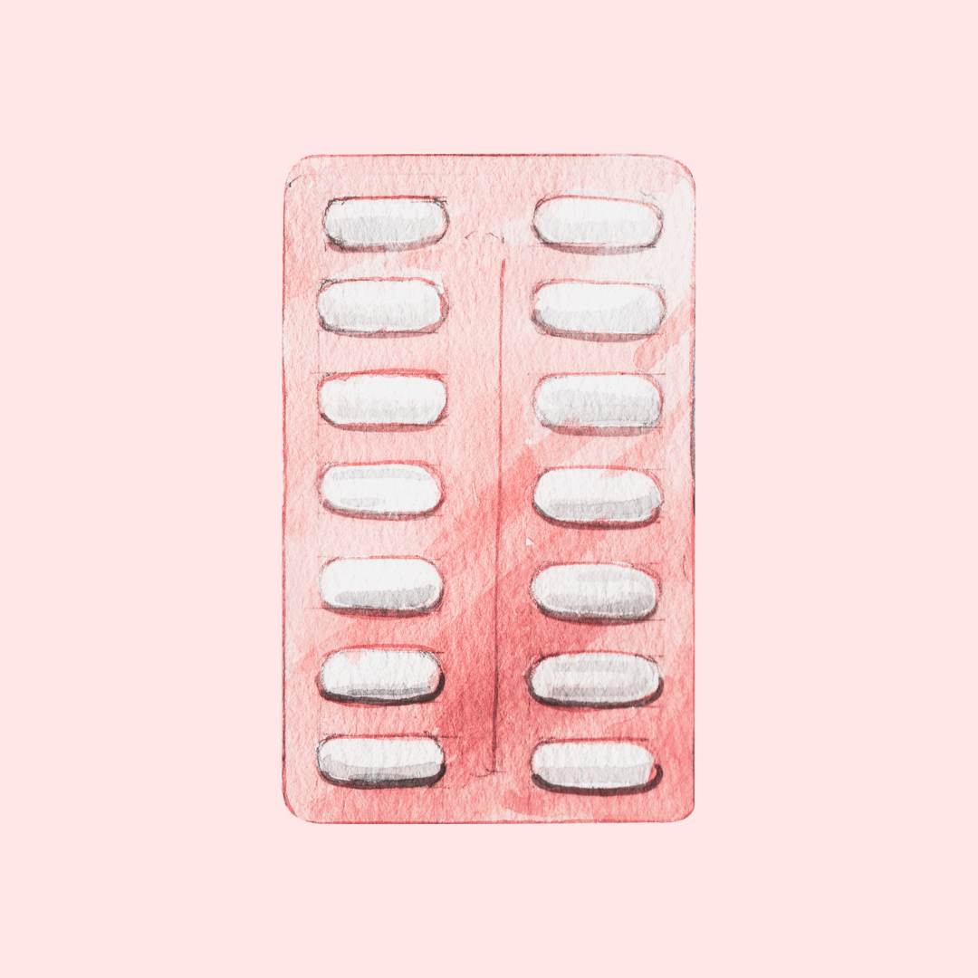 A sketch of a red blister pack of white medicinal tablets.