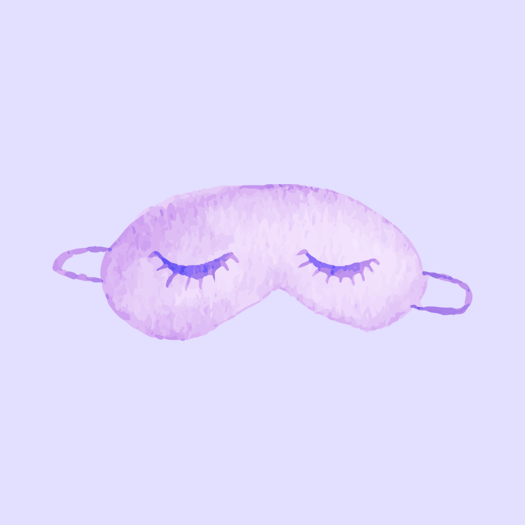 A sketch of a purple sleeping eye mask, with closed eyelashes drawn on the front.