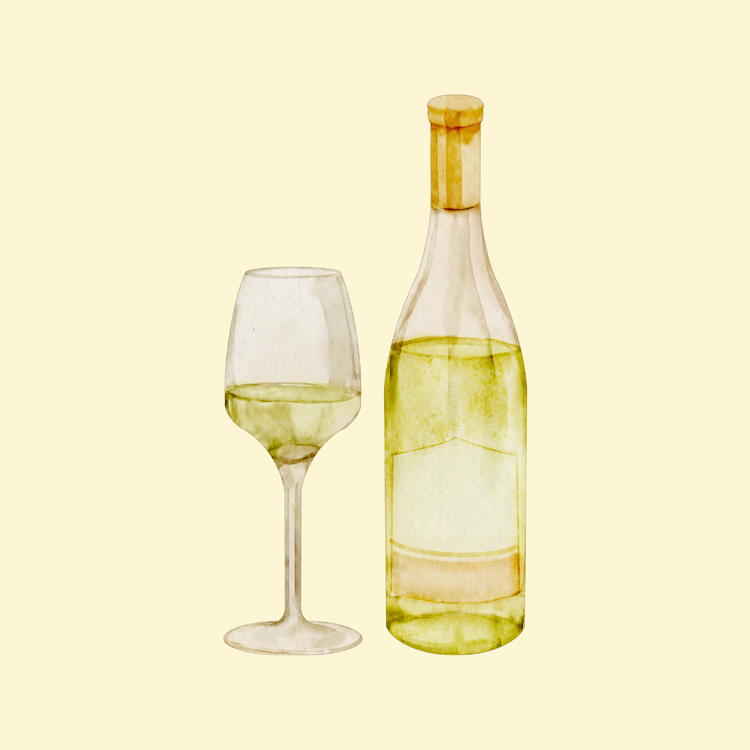 A sketch of a half-filled glass of white wine, next to the bottle.