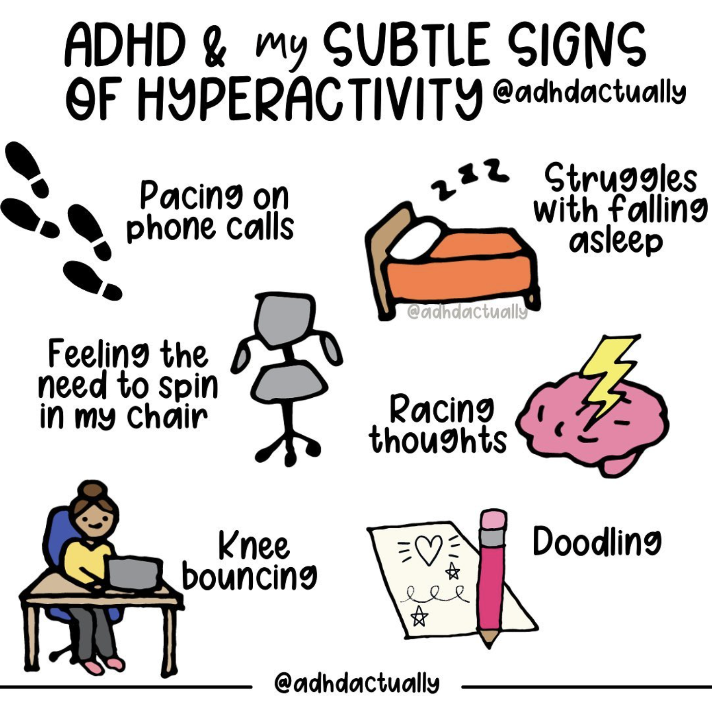 An infographic from @adhdactually on Instagram depicting subtle signs of hyperactivity.