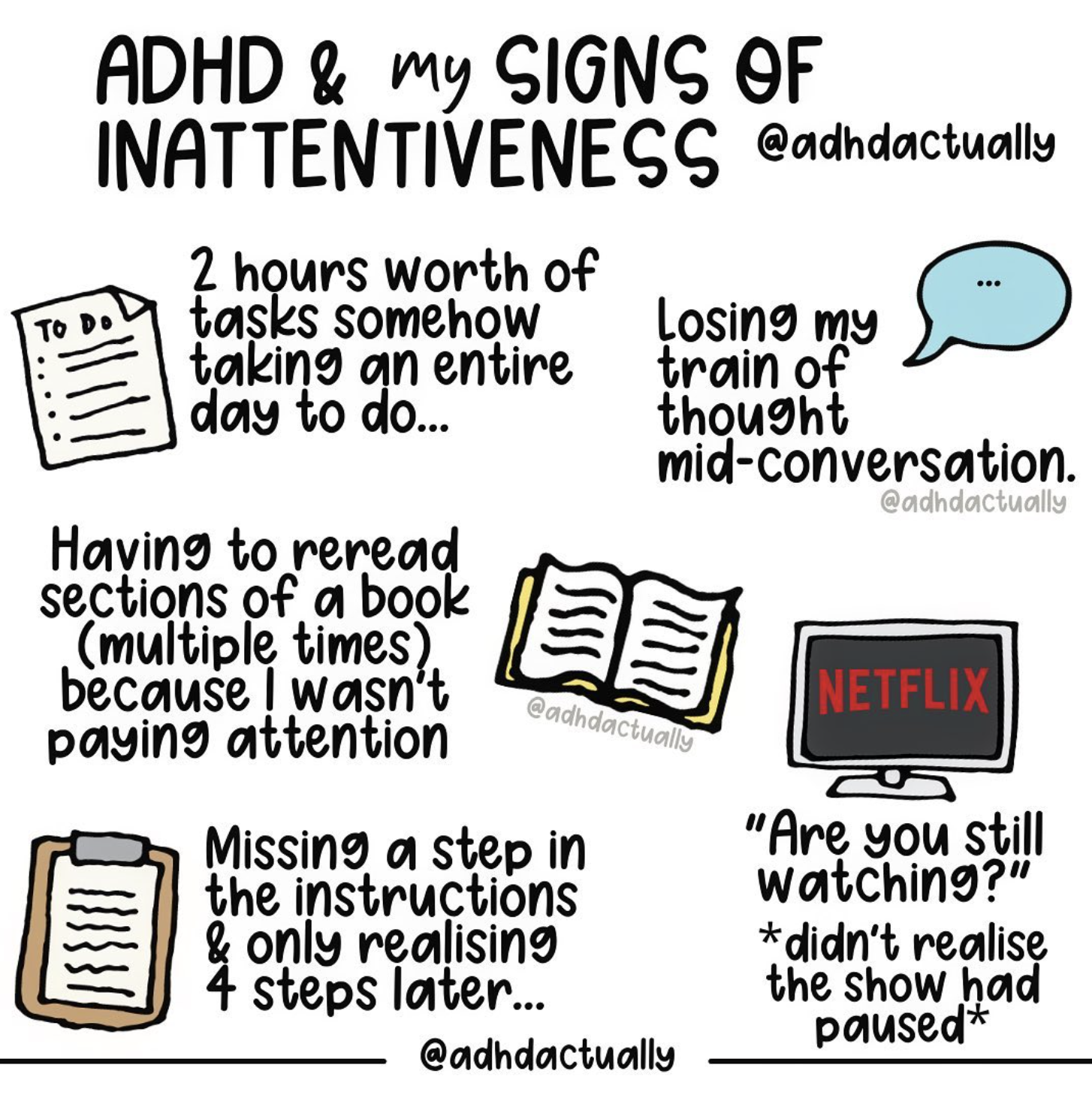An infographic from @adhdactually on Instagram depicting subtle signs of inattentiveness.