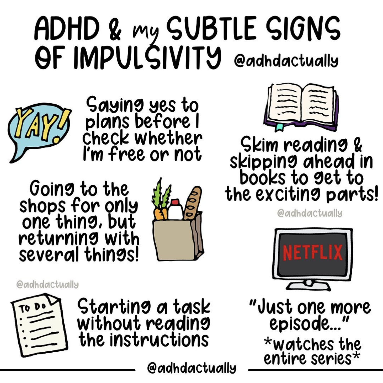An infographic from @adhdactually on Instagram depicting subtle signs of impulsivity.