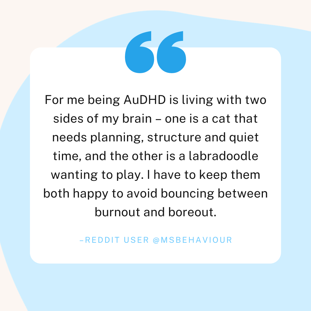 A quote by reddit user @msbehavior which reads "For me being AuDHD is living with two sides of my brain – one is a cat that needs planning, structure and quiet time, and the other is a labradoodle wanting to play. I have to keep them both happy to avoid bouncing betweenburnout and boreout."
