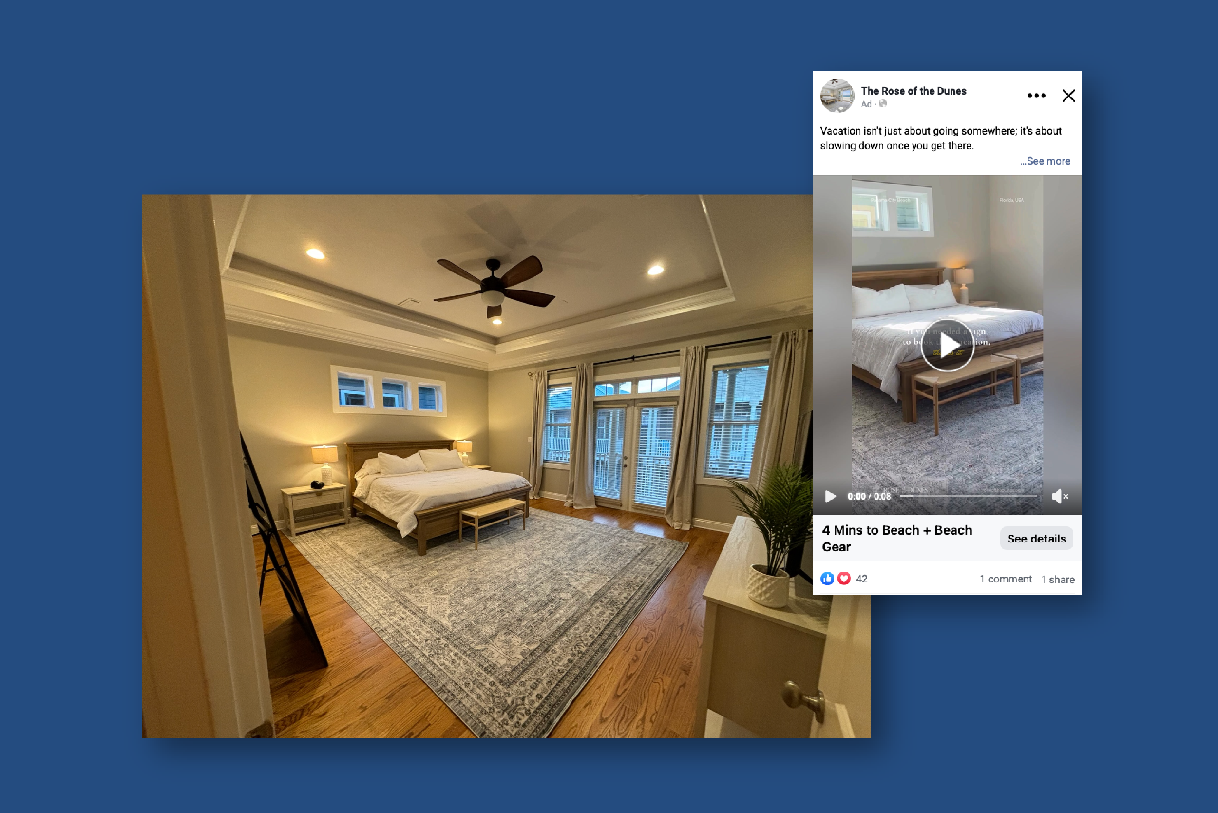 Rose of the Dunes Instagram Story ad set showing the Panama City Beach rental exterior
