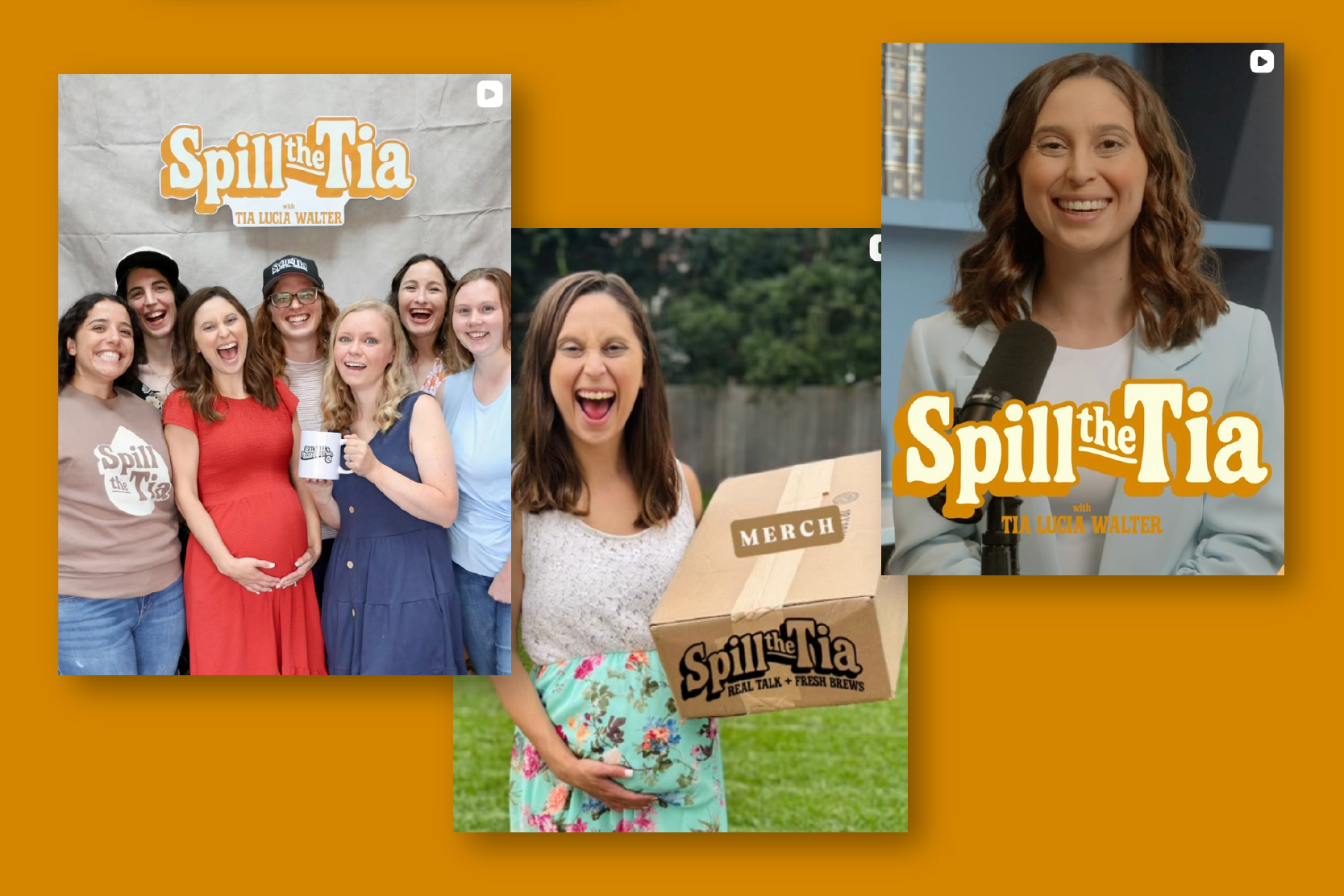 Spill the Tia branded merchandise including hats, sweatshirts, and t-shirts
