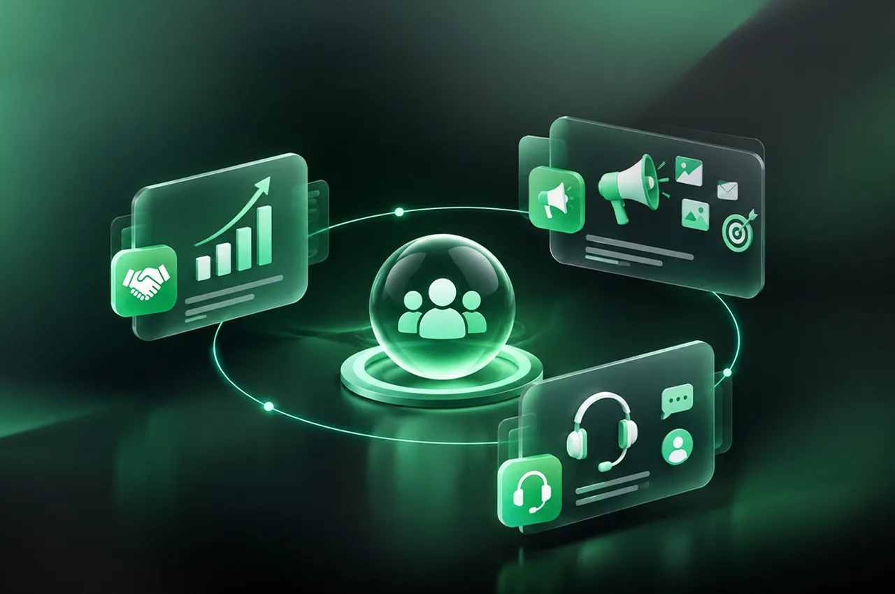 Agentic CRM illustration: central customer icon connected to sales, marketing, and service panels.