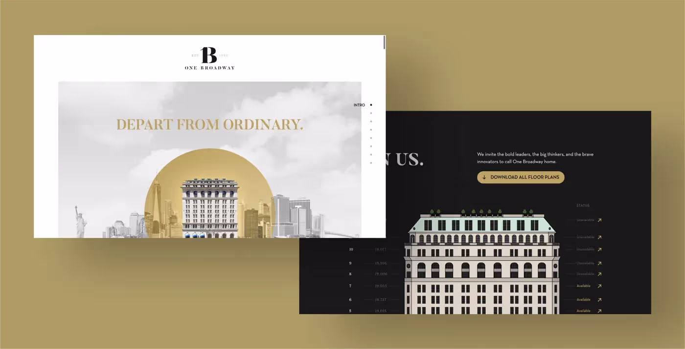 Screenshots of the One Broadway website.