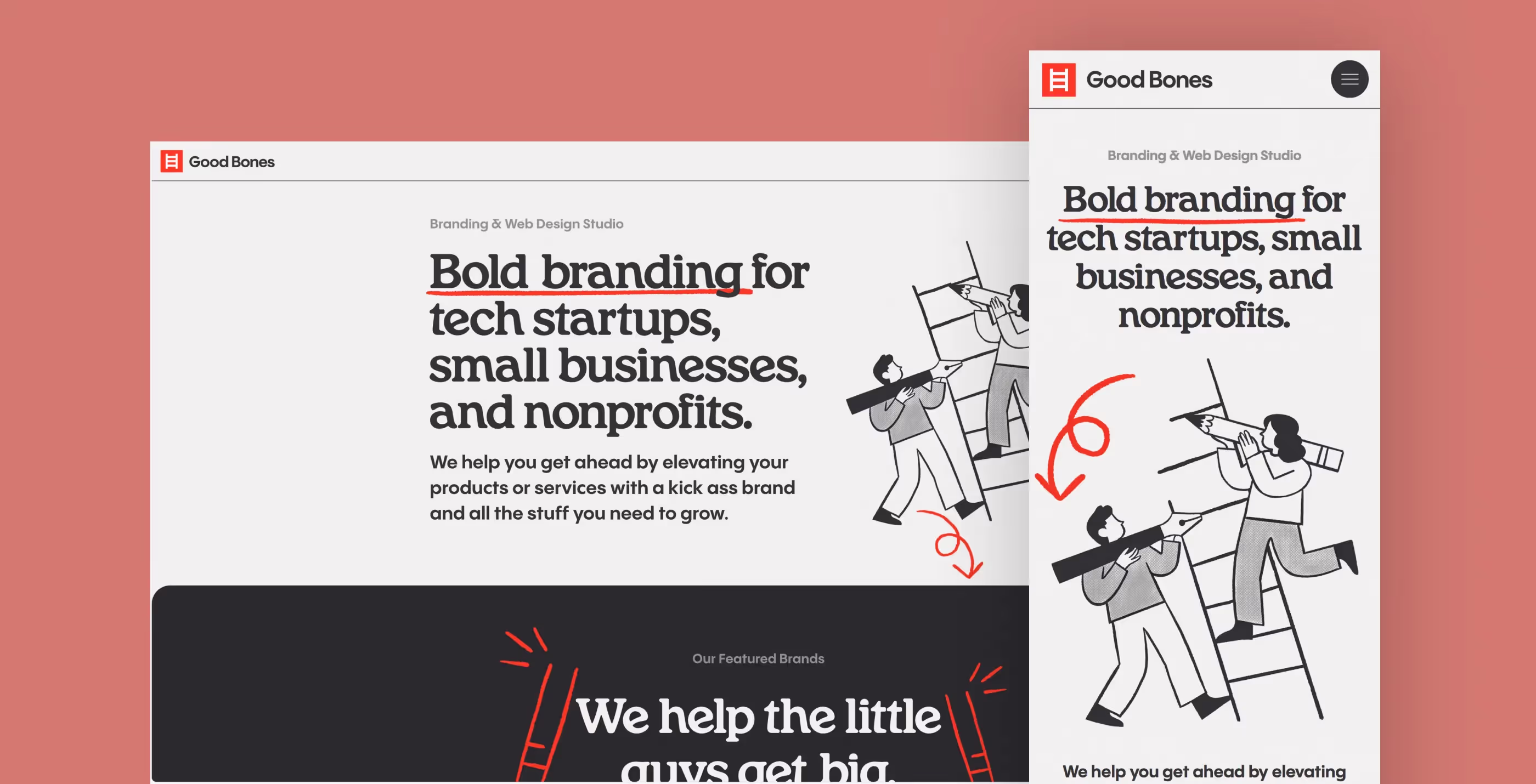 Screenshots of the Good Bones Studio website.