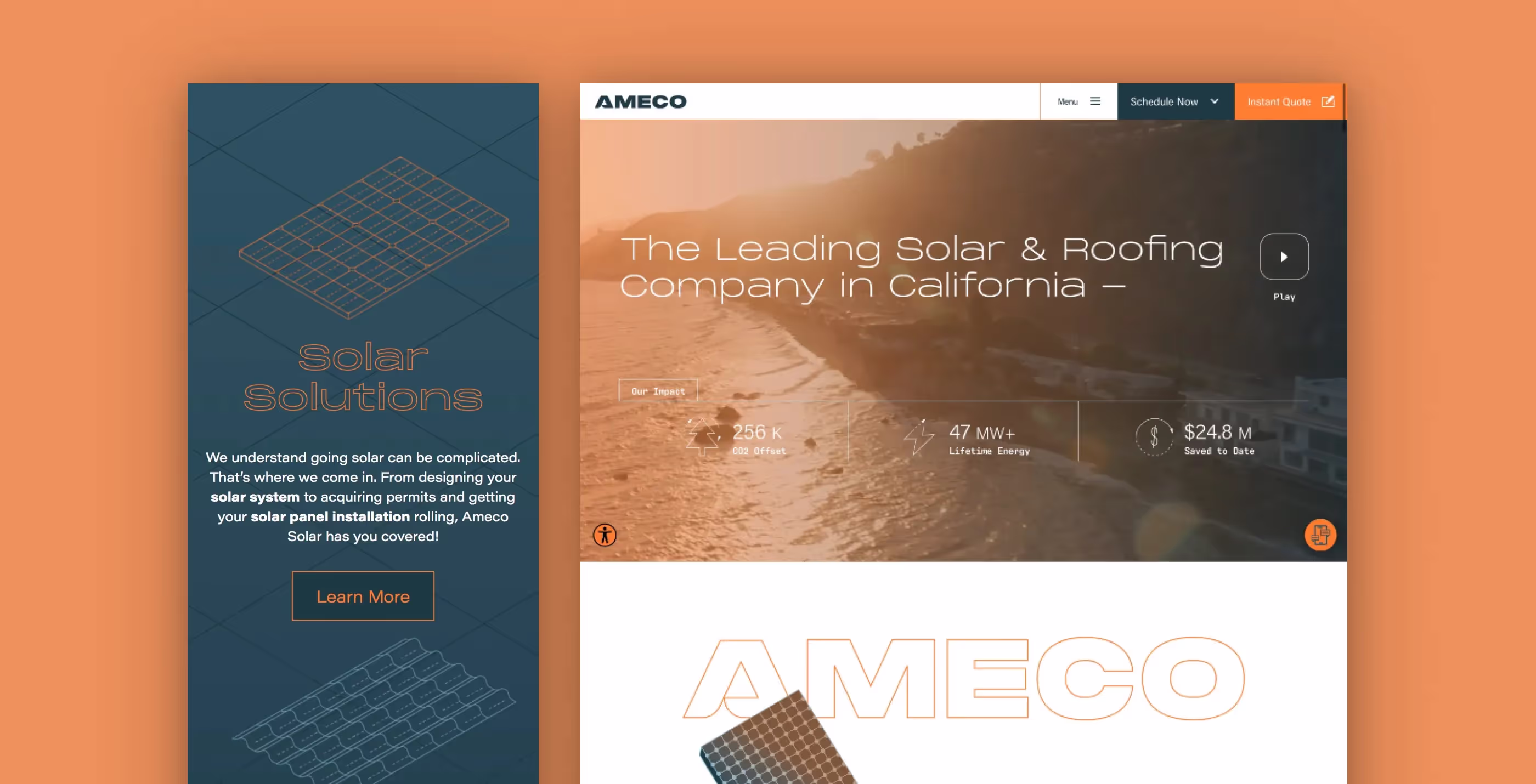 Screenshots of the Ameco Solar website.