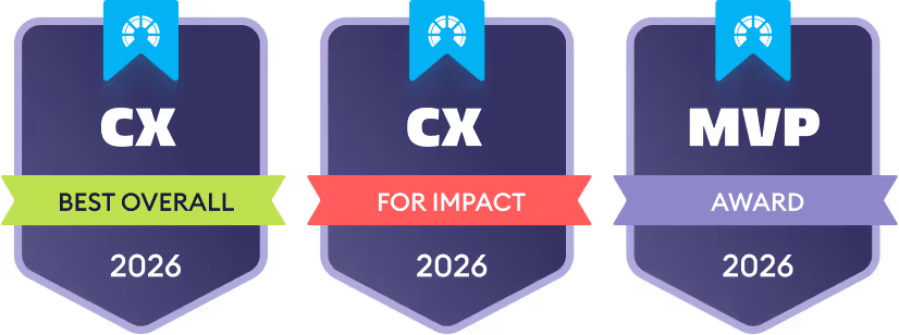 Three award badges labeled CX Best Overall 2026, CX For Impact 2026, and MVP Award 2026.