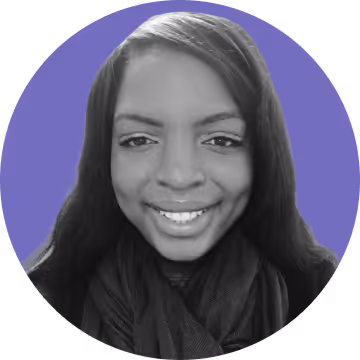 Smiling woman with long hair and scarf on a purple circular background.