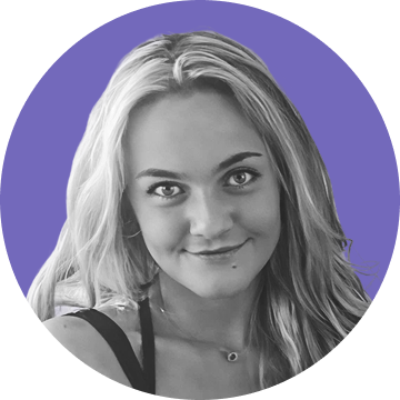 Smiling young woman with long blonde hair against a purple circular background.