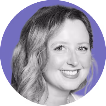 Smiling woman with wavy hair and light eyes against a purple circular background.