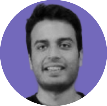 Portrait of a smiling young man with short dark hair against a purple circular background.