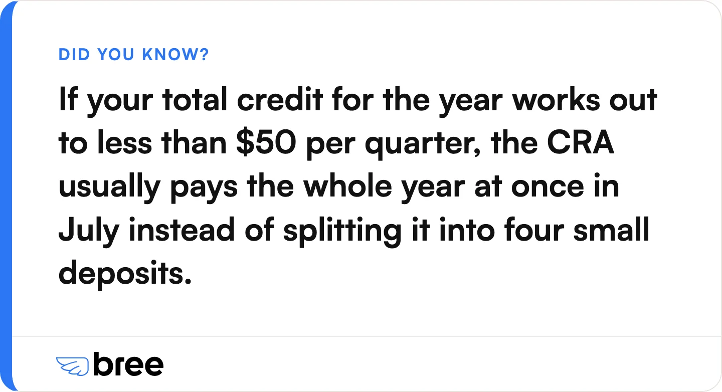 Small credits are not split into four payments. They arrive as one July lump sum.