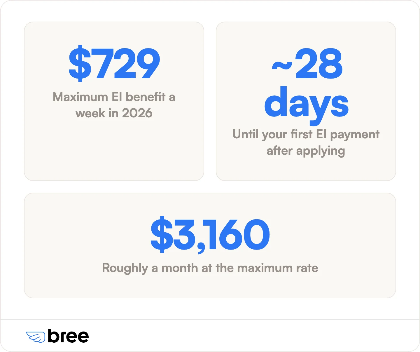 EI pays 55% of your average insurable weekly earnings up to $729 a week, and the first payment lands about 28 days after you apply.