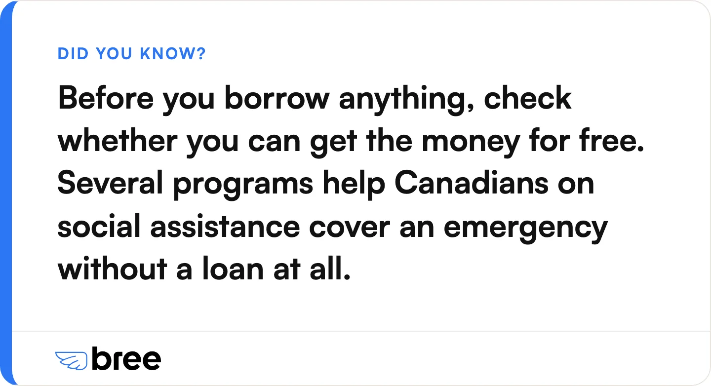 The free options this section lists: 211 Canada, provincial hardship supplements, family or friends, and credit unions.