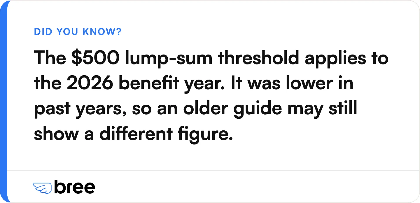 The lump-sum threshold moves between benefit years, so an out-of-date guide can show the wrong figure.