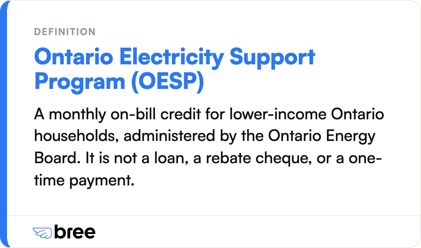 OESP is a monthly credit on your electricity bill, not a loan, a rebate cheque, or a one-time payment.