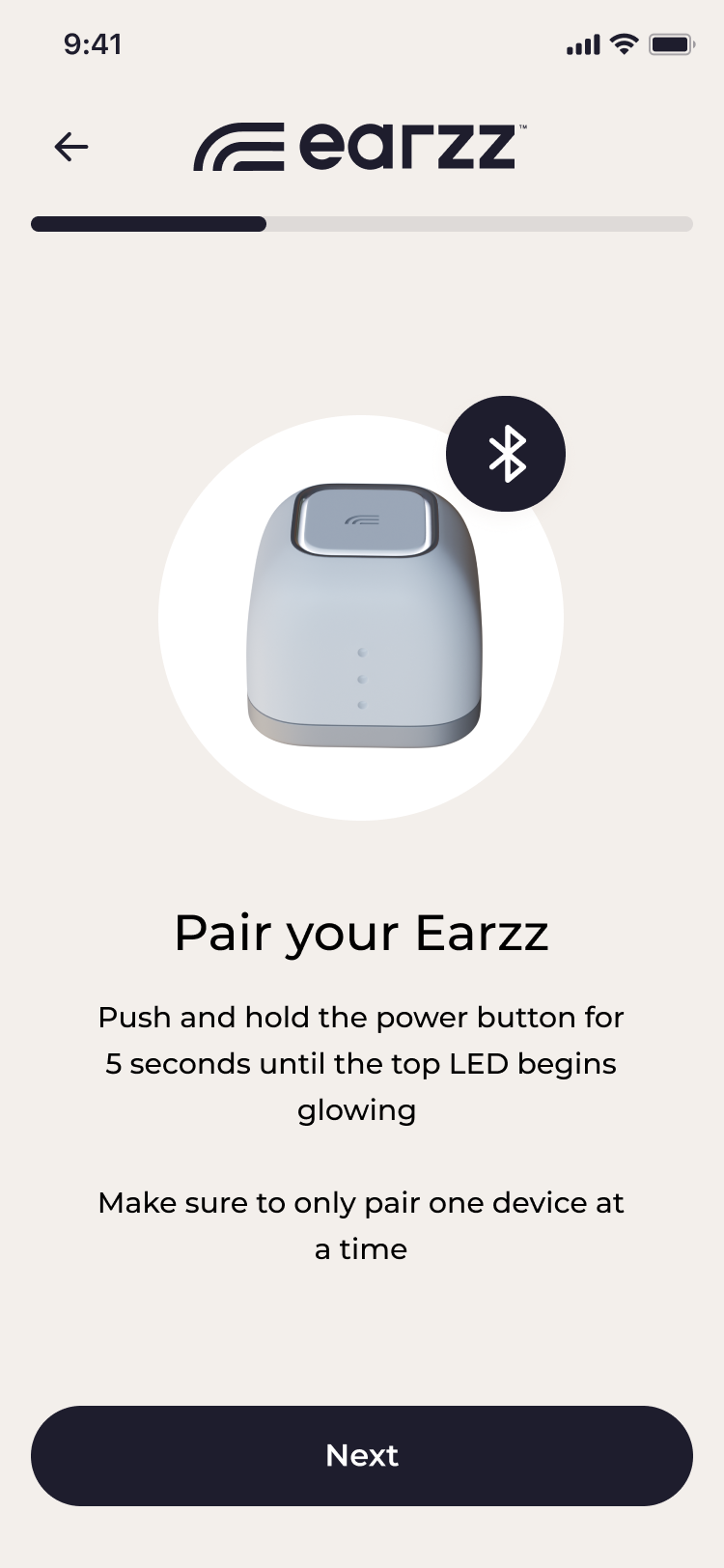 Earzz mobile app setup screen