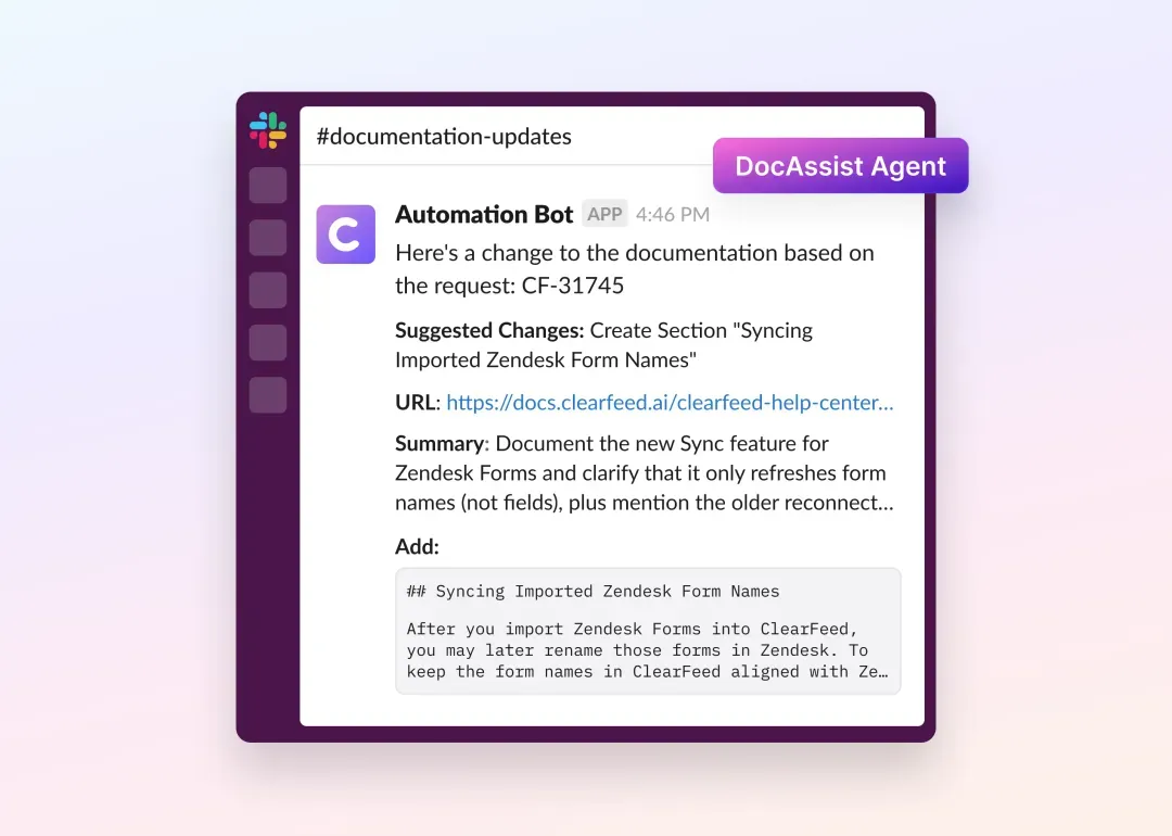 Introducing DocAssist in ClearFeed: An AI Agent for Automatically Updating Documentation & KBs from Support Conversations