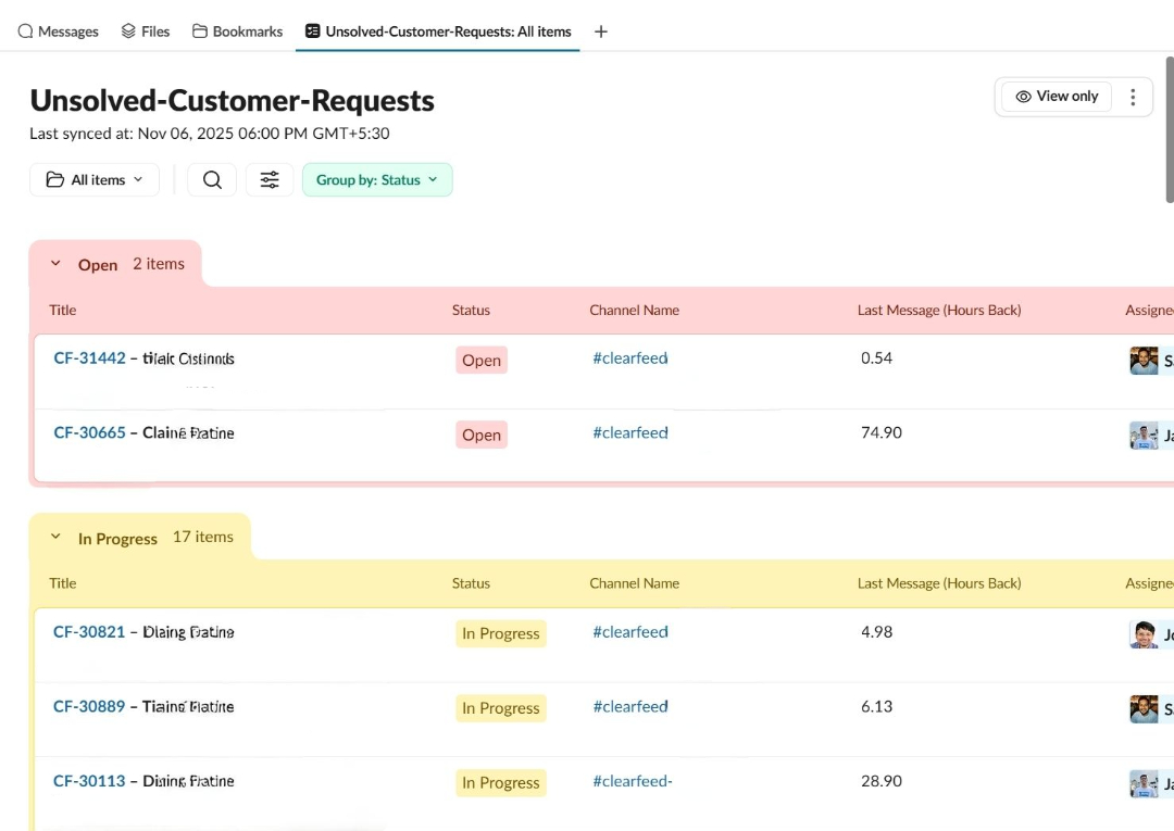 Image of ClearFeed Ticket Dashboard inside Slack