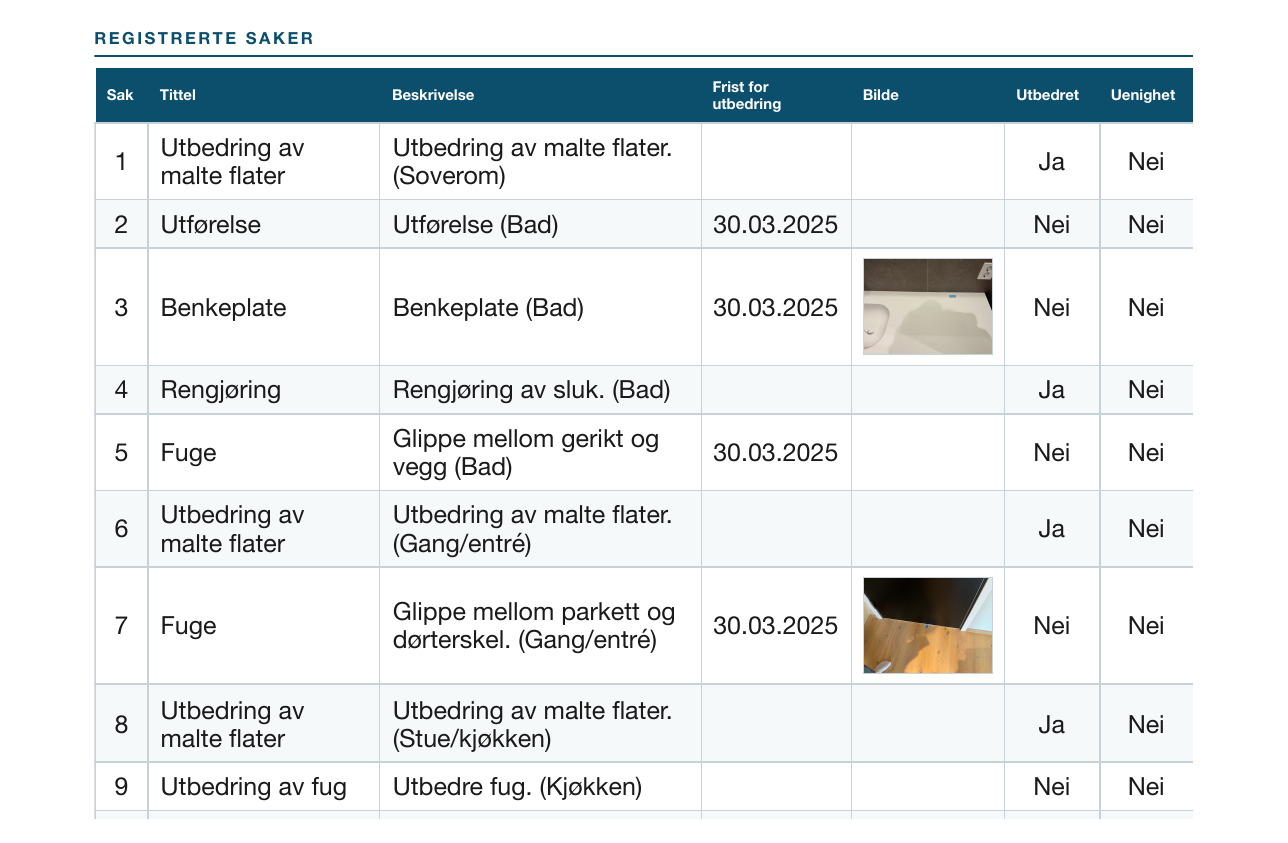 Utsnitt av overtakelsesprotokoll som viser registrerte saker med beskrivelse, frist for utbedring og bilde
