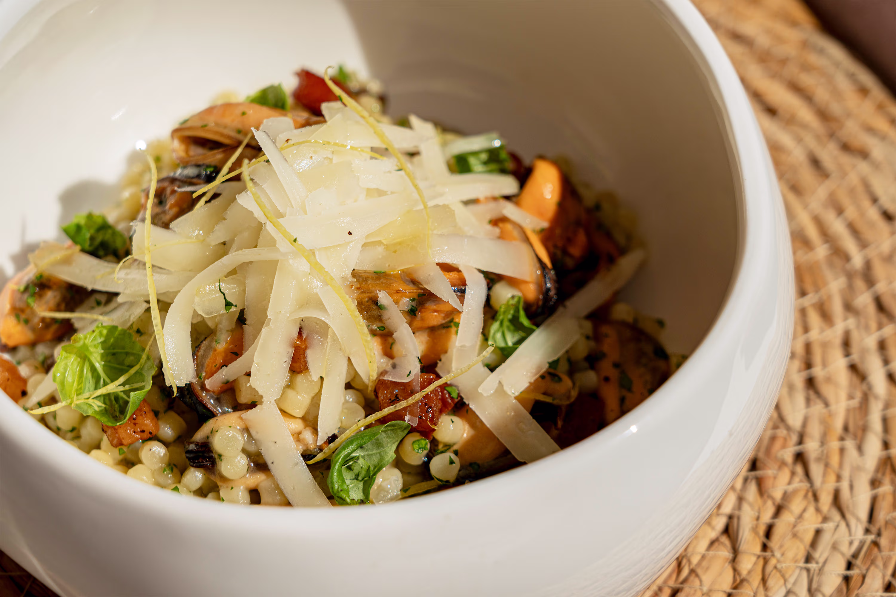 Sardinian Fregola with Mussels, Guanciale (cured pork cheek) and Pecorino - Fregola Sarda con Cozze, Guanciale e Pecorino
