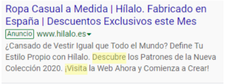 Ejemplo de anuncio en Google Search haciendo uso de Llamadas a la Acción