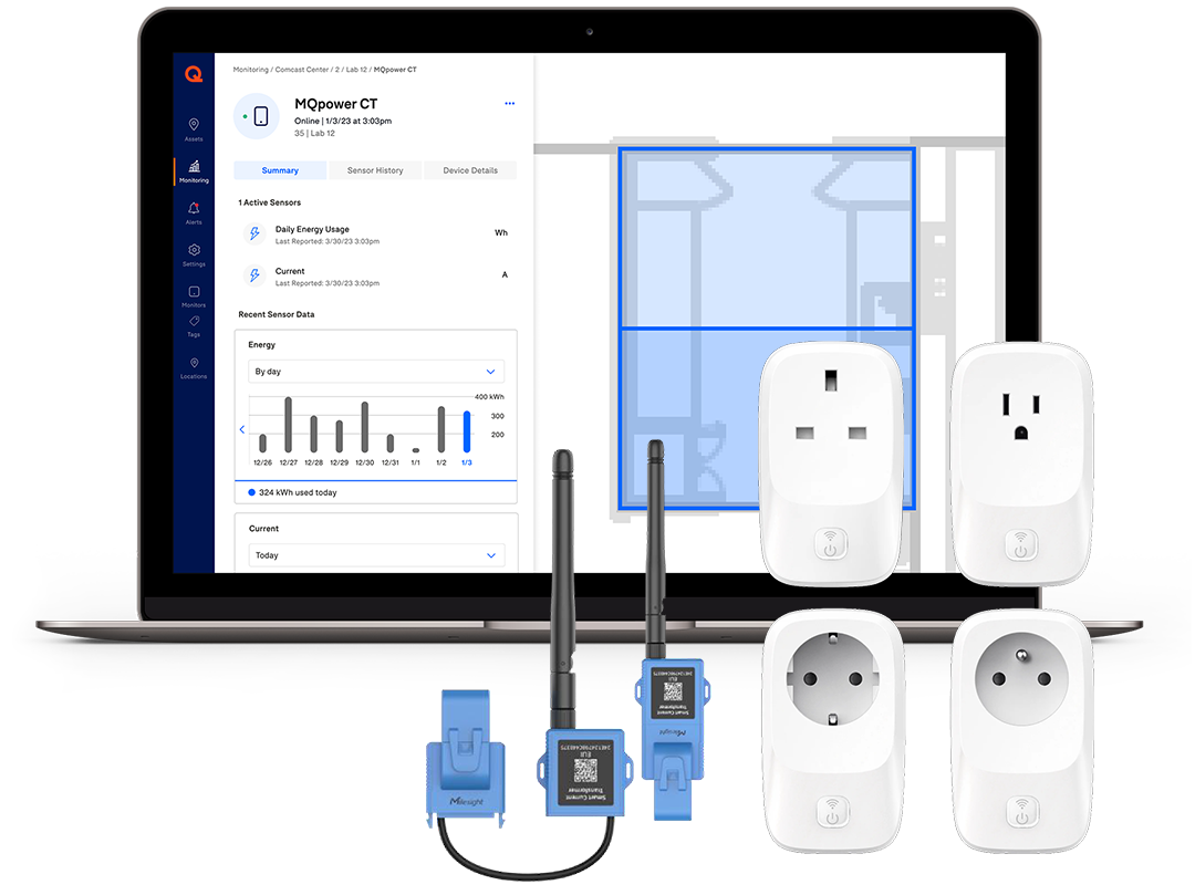 Power monitoring devices alongside MQinsights displayed on a desktop. 