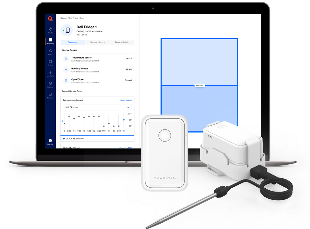 MachineQ Temperature Monitoring devices and MQinsights dashboard.