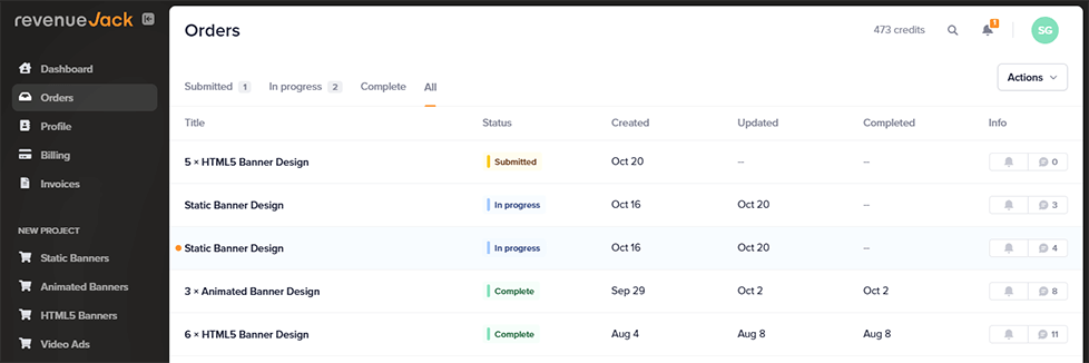 Client dashboard showing active banner design orders with project status and option to start a new order.