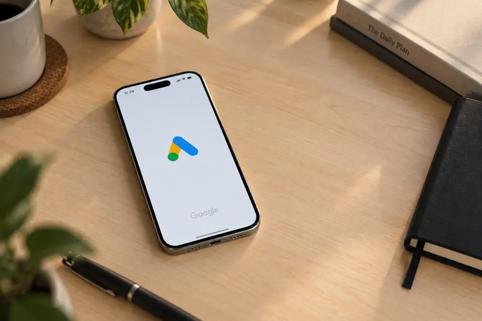 Smartphone on a desk with decorative design elements