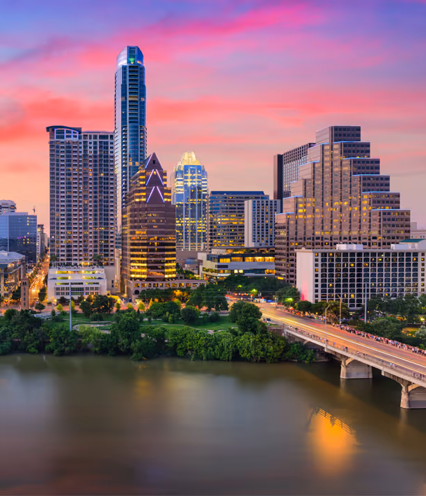 Austin TX downtown skyline in the evening sunset