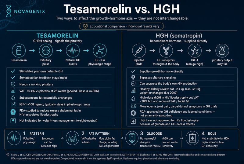 Tesamorelin versus HGH comparison showing mechanism, clinical roles, body-composition evidence, glucose considerations, and monitoring differences