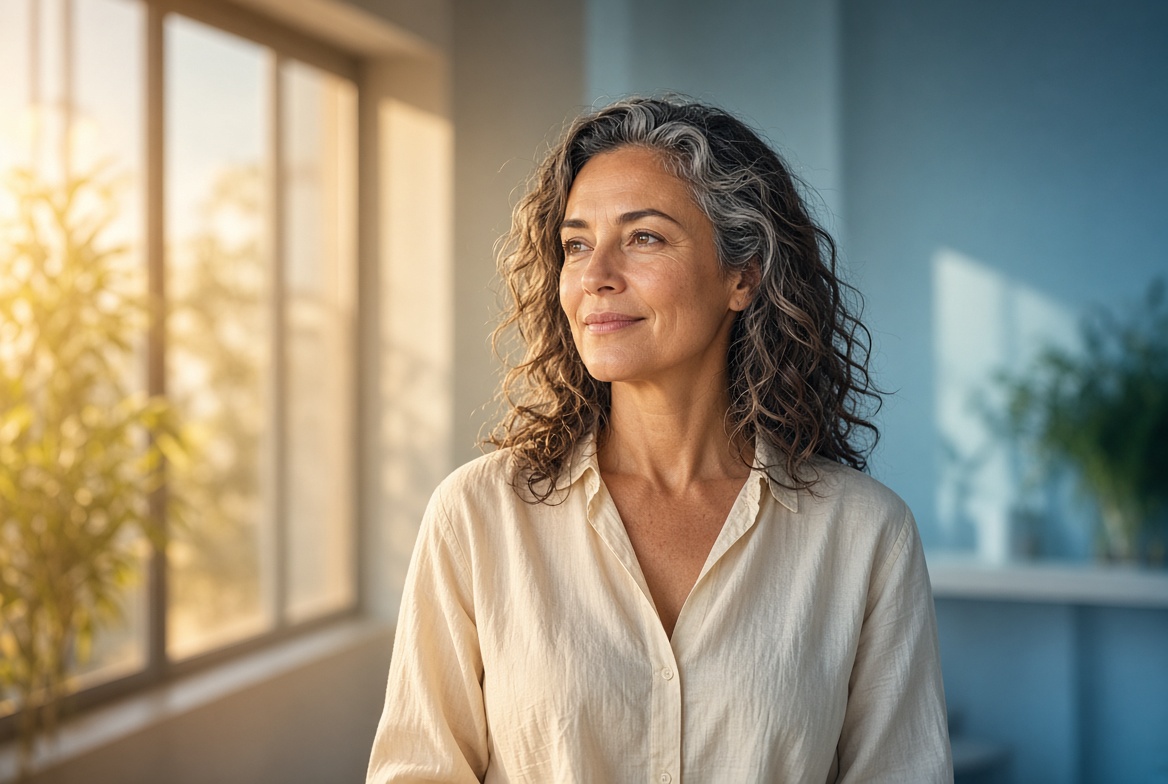 A middle-aged woman standing thoughtfully beside a sunlit window, representing the transition through perimenopause and menopause.
