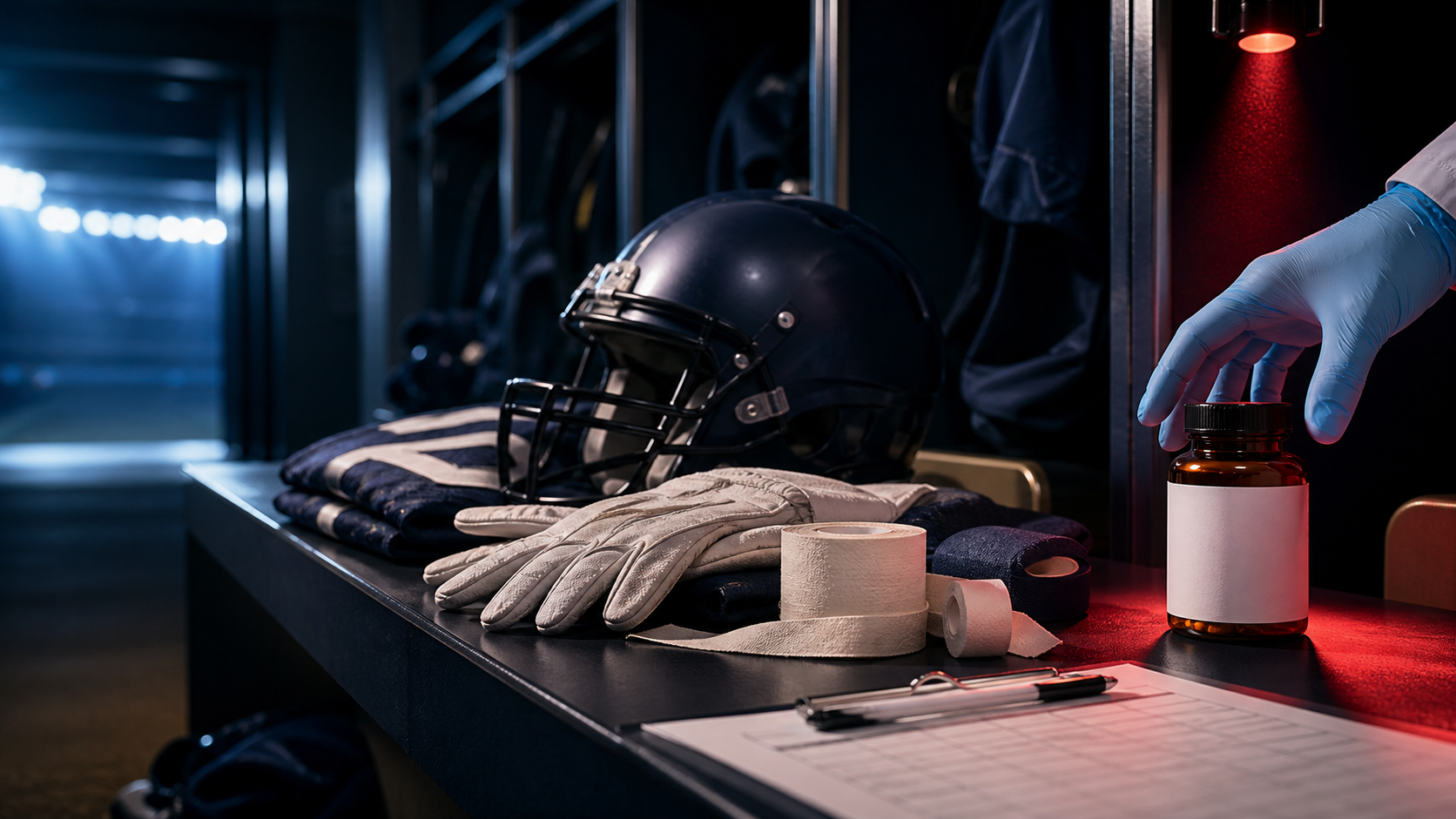 Football helmet and equipment beside an unmarked supplement container being checked by a sports medicine professional
