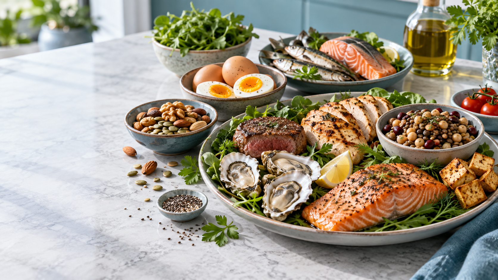 Eggs, fish, poultry, lean meat, oysters, beans, tofu, nuts and seeds with leafy greens