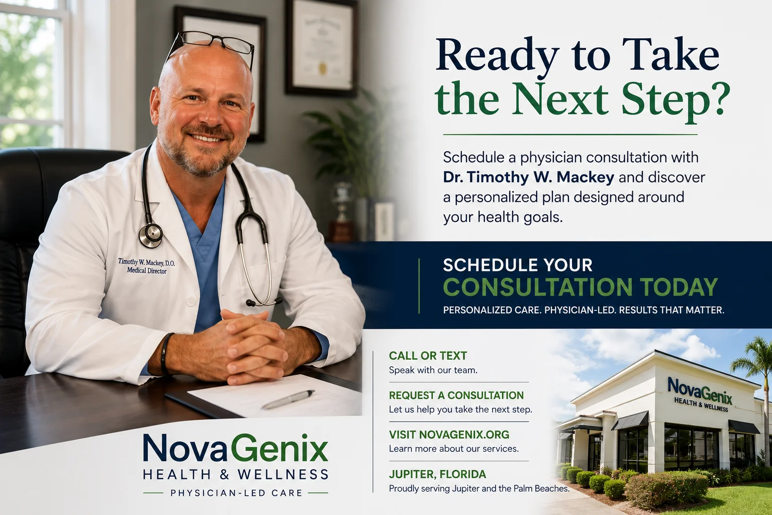 NovaGenix Health & Wellness consultation banner inviting patients to request a physician-led consultation in Jupiter, Florida