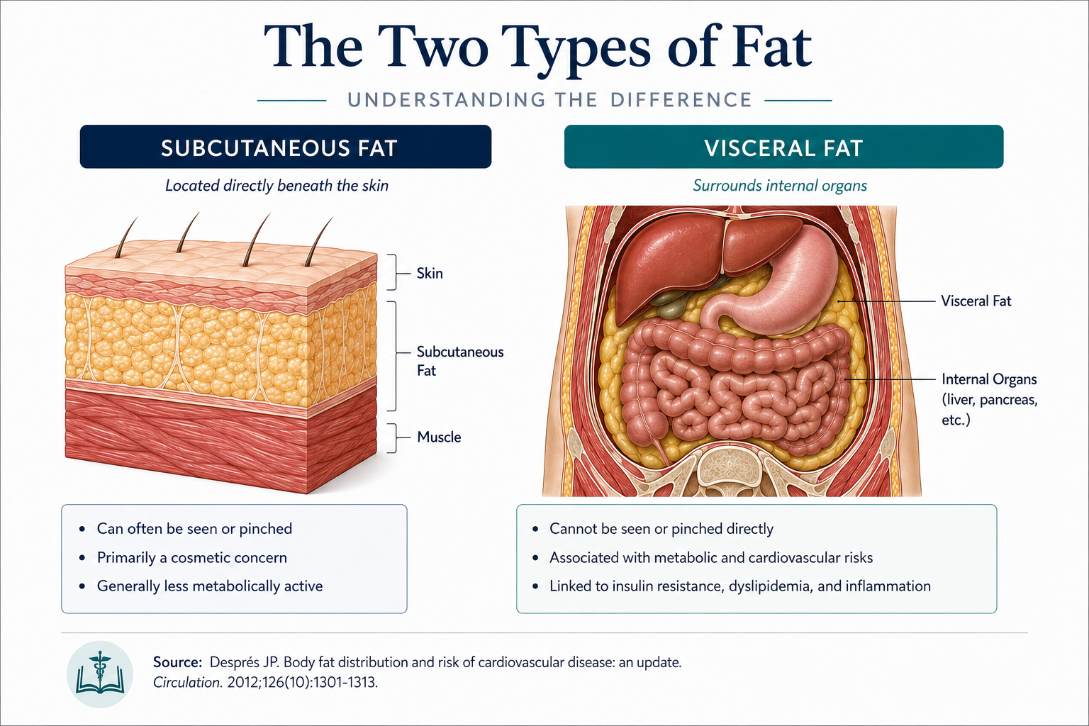 Diagram comparing the two types of body fat: subcutaneous fat beneath the skin and visceral fat surrounding the abdominal organs