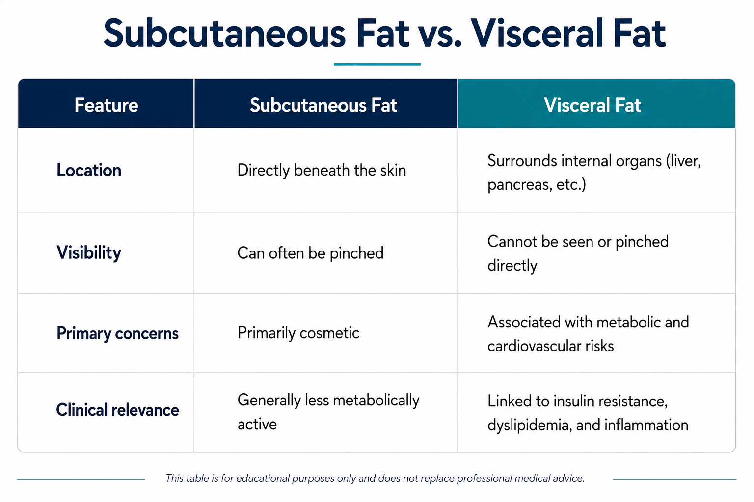 Comparison of subcutaneous and visceral fat showing location, measurement method, and associated metabolic risk