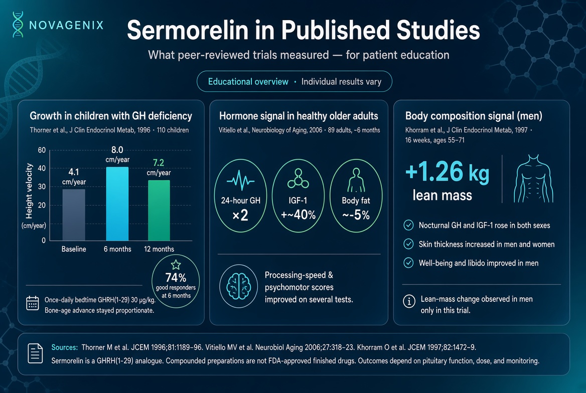 Sermorelin in published studies: educational summary of growth hormone, IGF-1, body fat, and lean-mass findings