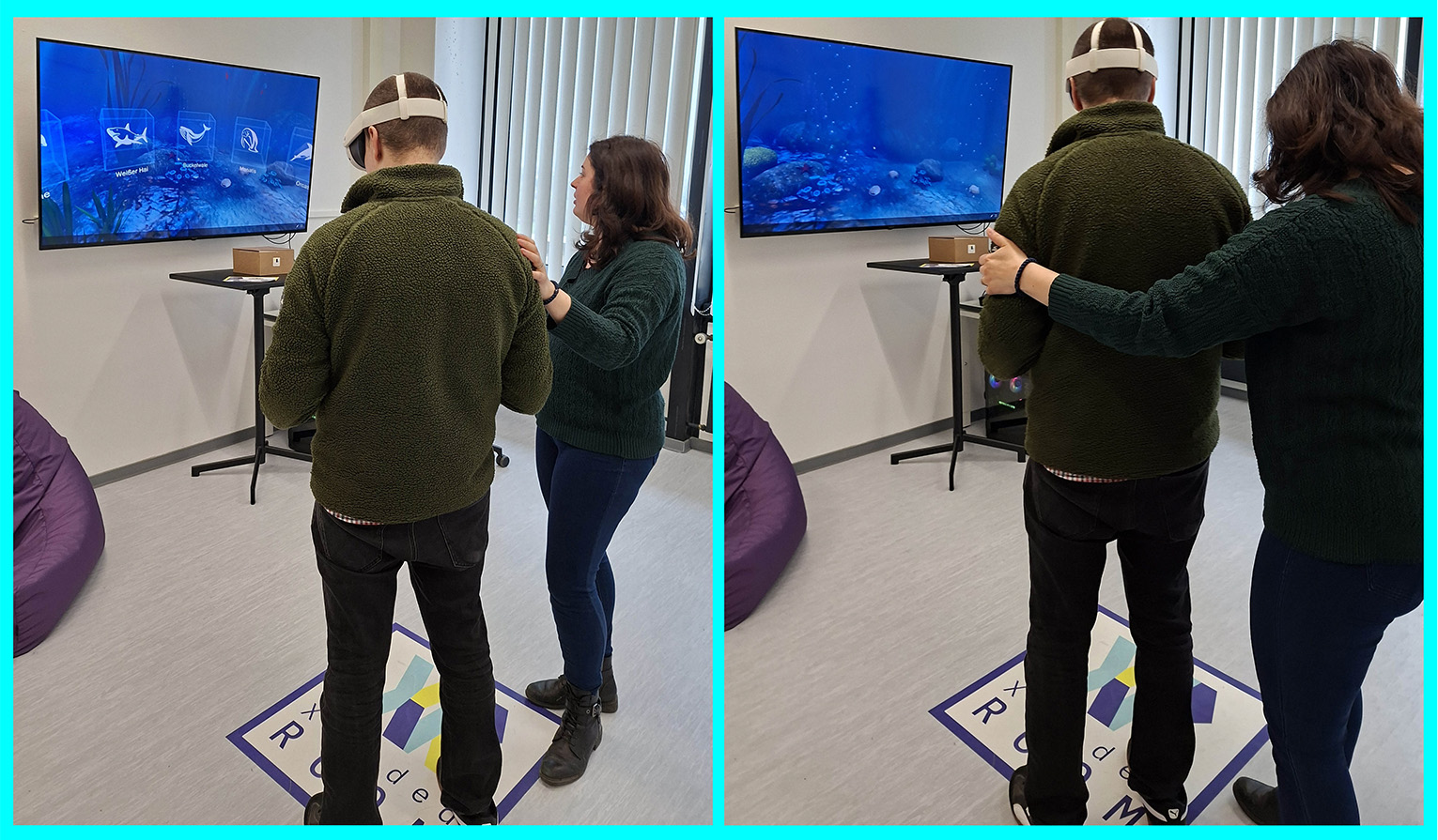 Zwei Bilder: Zwei Personen vor einem Bildschirm, eine mit VR-Brille