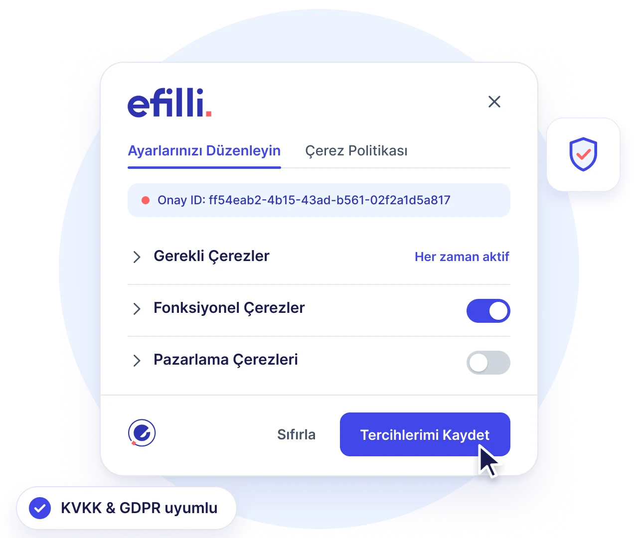 Efilli çerez tercih ekranı: gerekli, fonksiyonel ve pazarlama çerezleri için ayrı izin seçenekleri