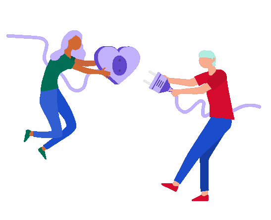Two individuals linking a power cord to a heart-shaped outlet, showing the value of driving connection with content.