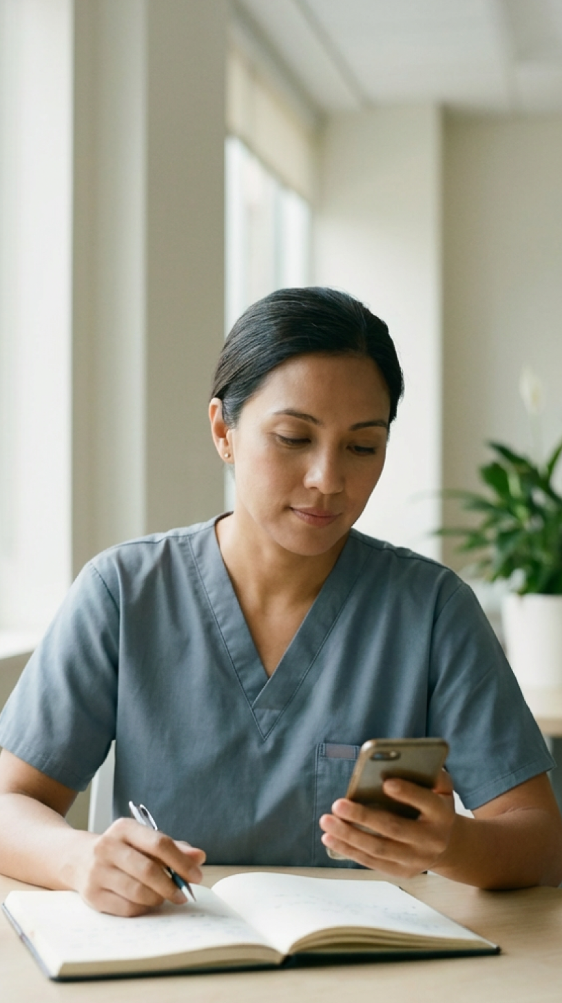Une professionnelle de santé en uniforme gris regarde son téléphone tout en prenant des notes dans un carnet.