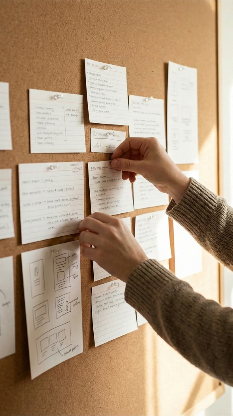 Des mains fixant ou retirant une note manuscrite d'un tableau en liège couvert de plusieurs notes et croquis.