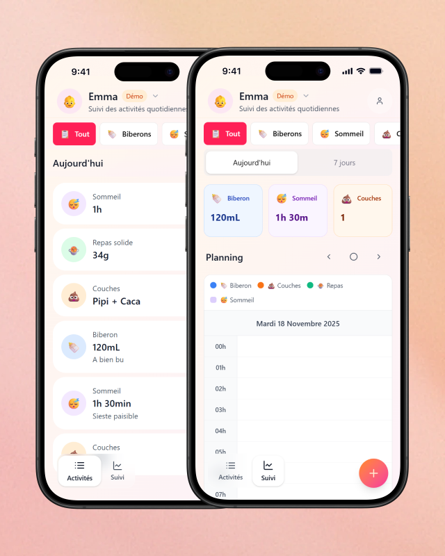 Capture d'écran d'une application de suivi bébé affichant les activités quotidiennes d'Emma, incluant sommeil, repas solide, couches et biberon, avec un planning détaillé au 18 novembre 2025.